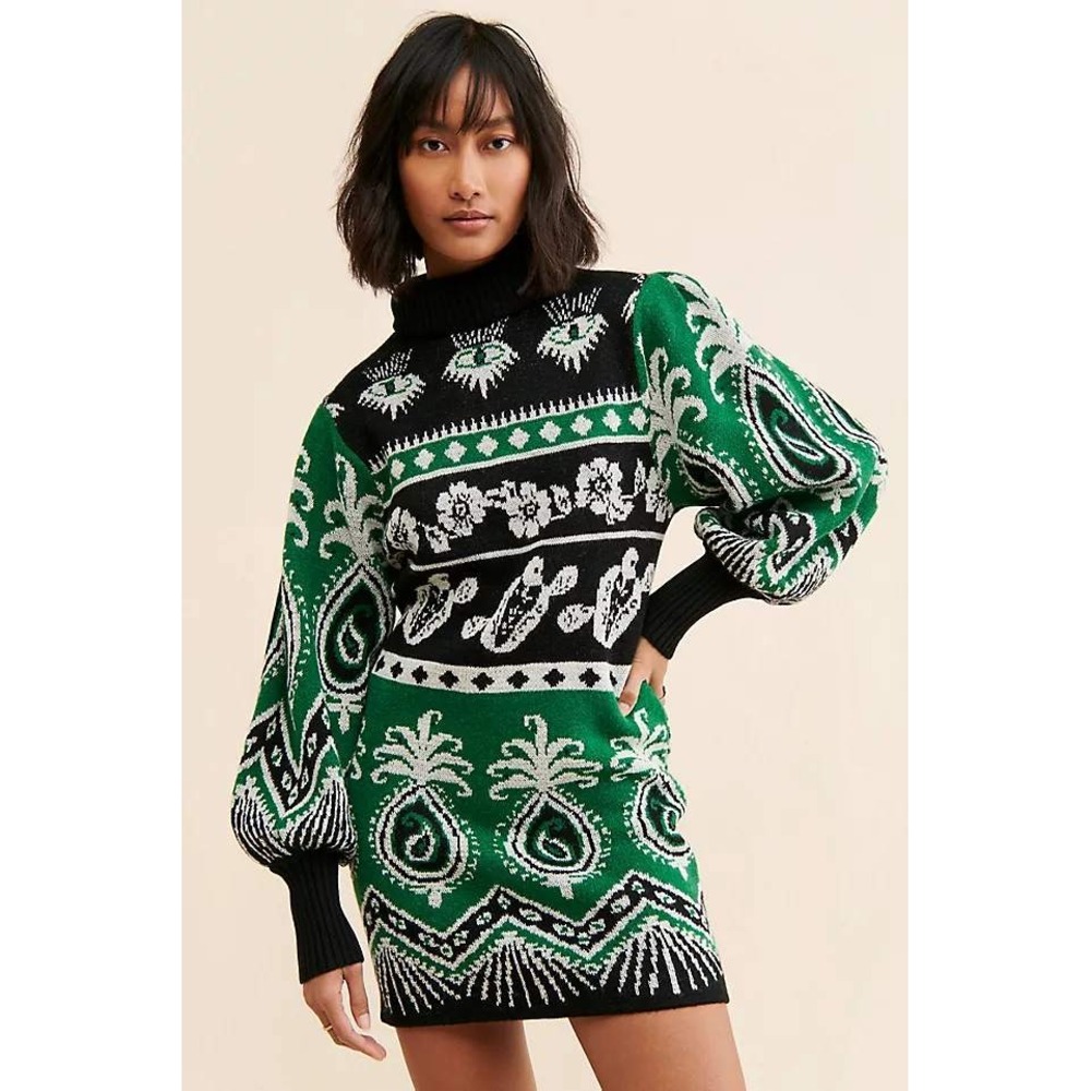 Farm Rio Mystic Scarf Sweater Dress Women M Mock Paisley Knit Mini Green Balloon